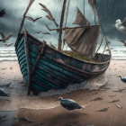 Abandoned boat with seagulls on rainy beach and shipwreck in background