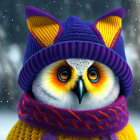 Colorful Anthropomorphic Owl in Knitted Hat and Scarf on Snowy Background