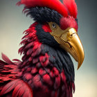 Colorful digital illustration of a fantasy bird with red crest and golden beak