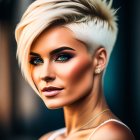 Blonde woman with modern short hairstyle in white top pose