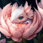 White Dragon Among Blooming Pink Peonies