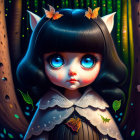 Wide-eyed girl with cat ears in mystical forest with autumn leaves