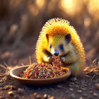 Curious hedgehog eating in warm, golden light