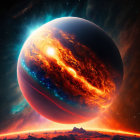 Sci-fi illustration of fiery planet under starry sky