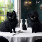 Three Black Cats with Yellow Eyes on White Table Near Window