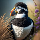 Vibrant puffin surrounded by grass and purple flowers