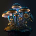 Luminous jellyfish-like mushrooms on ornate tree structure in moody blue setting