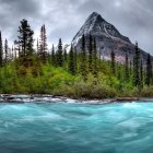 Scenic village with church spire, lake, trees, and mountain