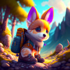 Anthropomorphic fox with backpack and scarf in vibrant forest landscape