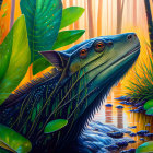 Colorful surreal painting: oversized lizard creature, multiple eyes, exotic plants, small fish