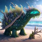 Green Dinosaur-like Creature with Coral and Seaweed on Beach at Sunset