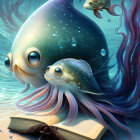 Illustration of two seal-like creatures with tentacles on an open book in underwater scene