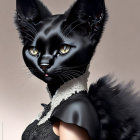 Anthropomorphic Black Cat in Elegant Attire with Striking Yellow Eyes