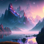 Fantasy landscape with mountains, lake, castle, boats, night sky, moon, and stars