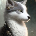 White and Grey Anthropomorphic Cat with Yellow Eyes and Golden Earring in Leather Armor