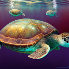 Colorful Underwater Scene with Large Sea Turtle and Smaller Turtles