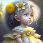 Young girl with curly hair and yellow flowers in dreamy yellow field