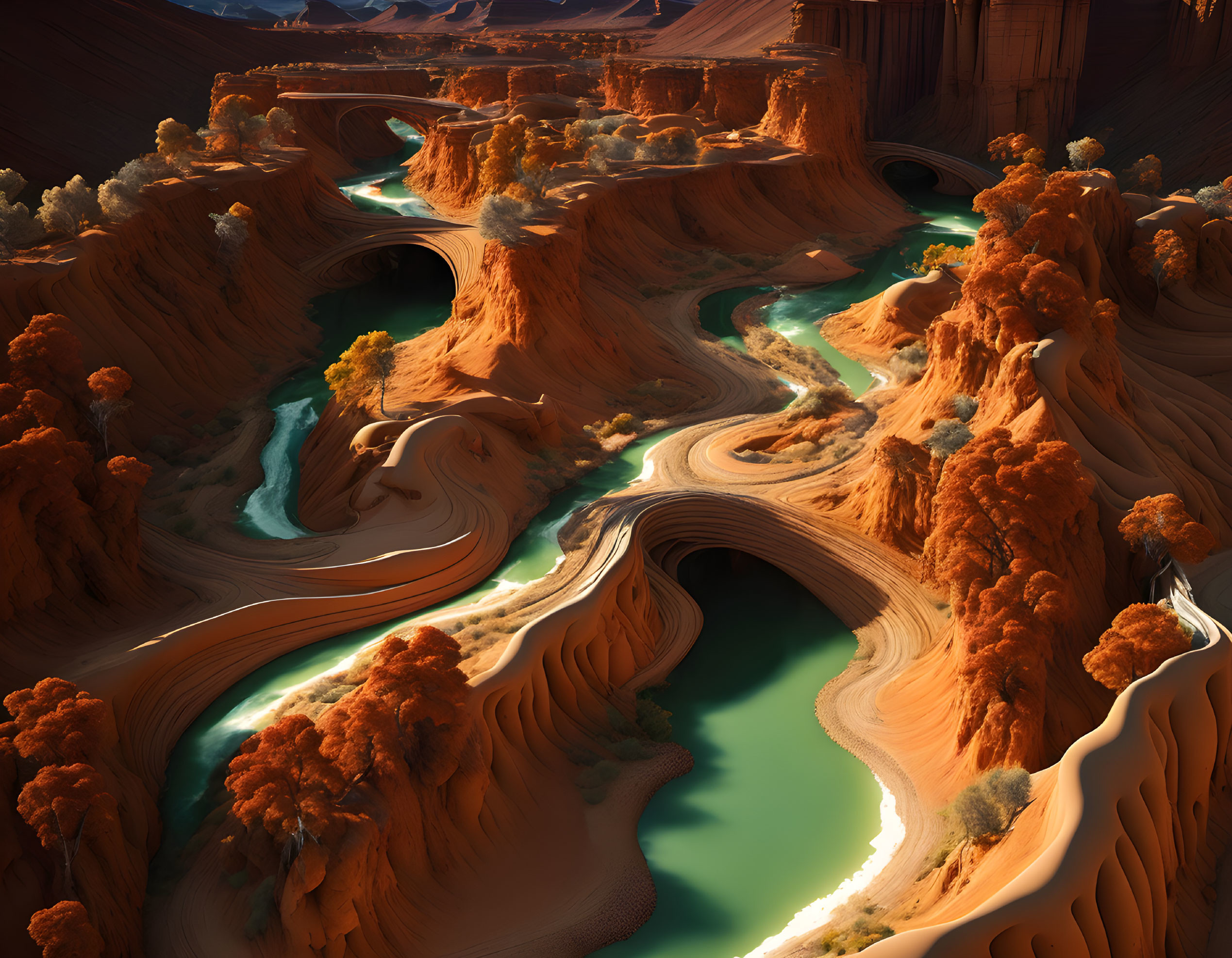 Aerial view of serpentine river in canyon with orange cliffs