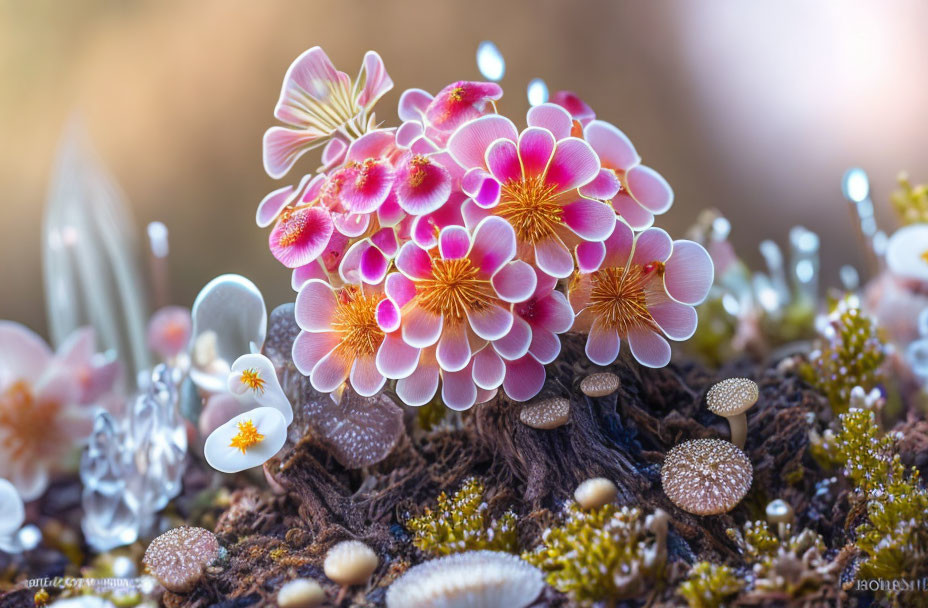 Pink and White Flowers with Yellow Centers Surrounded by Mushrooms and Moss