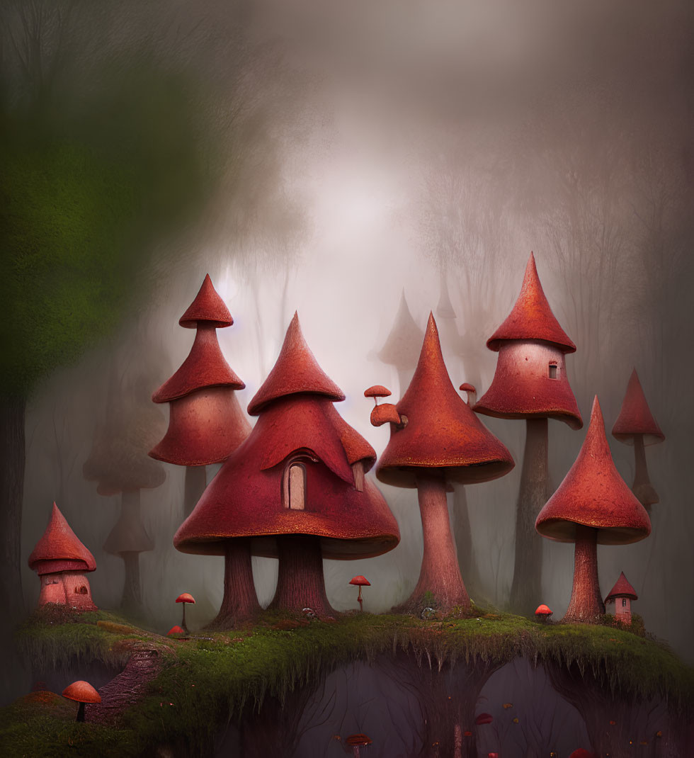 Misty forest hill with whimsical red-capped mushroom houses