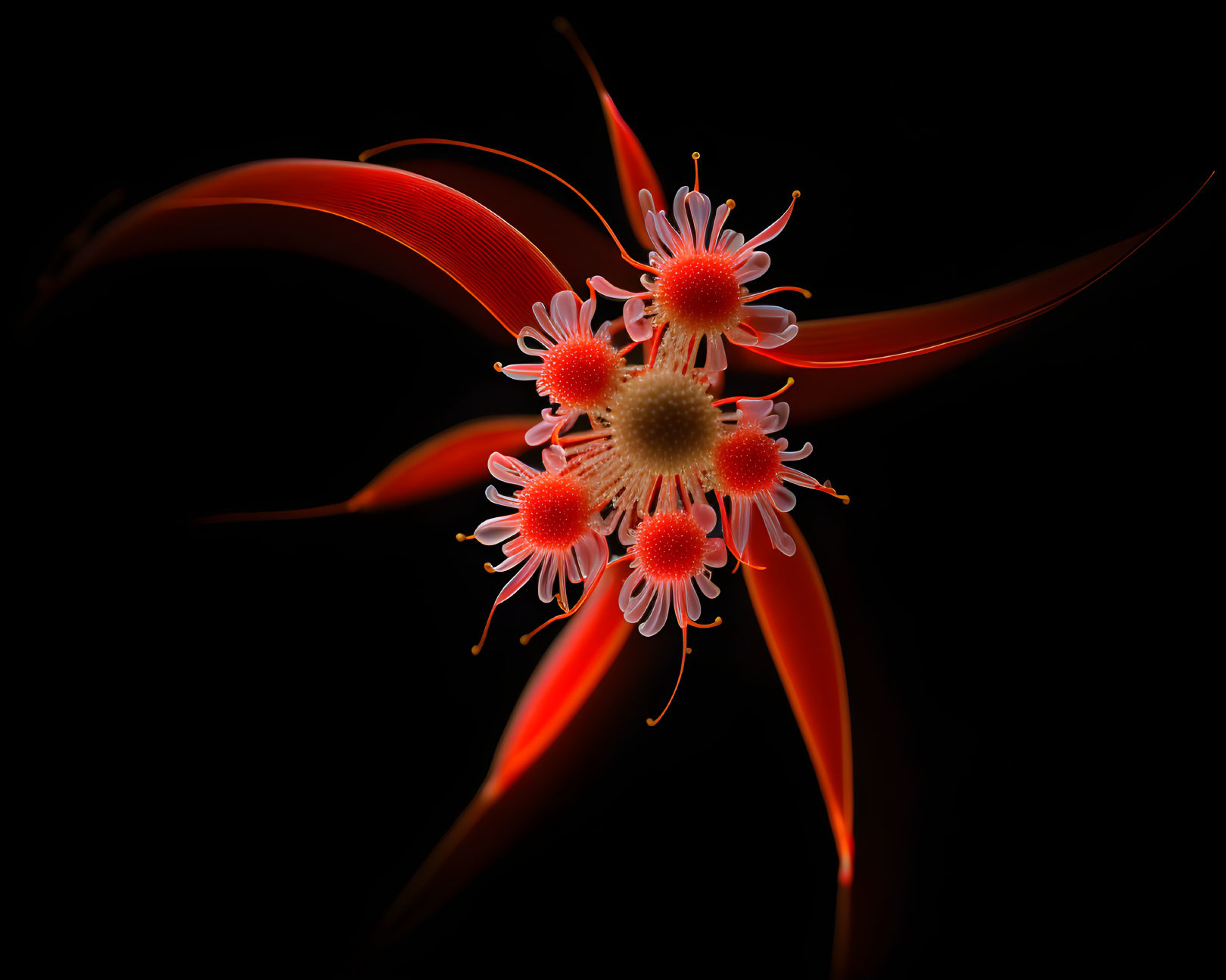 Three Red Luminescent Flowers on Black Background