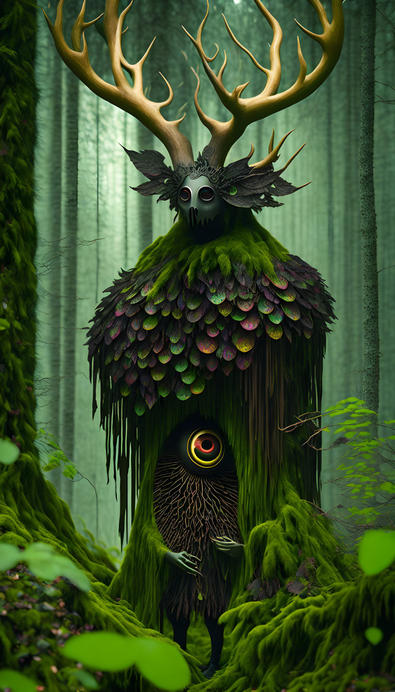 Majestic creature with antlers and feathered body in misty forest