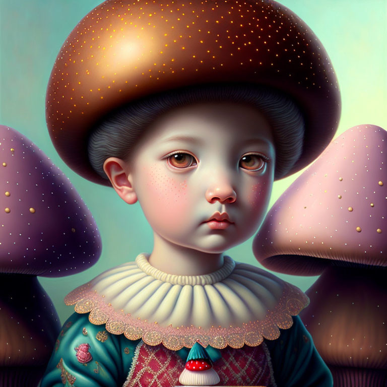 Surreal portrait of child with expressive eyes, mushroom cap hat, surrounded by stylized mushrooms