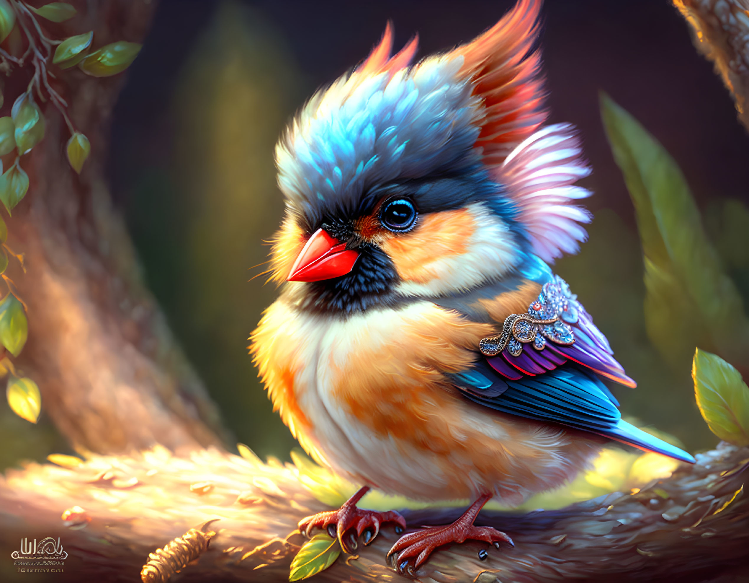 Colorful bird with crown perched on branch in whimsical illustration