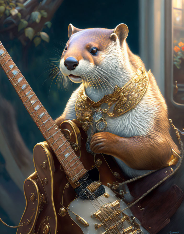 Anthropomorphic otter in golden armor playing electric guitar in natural light.