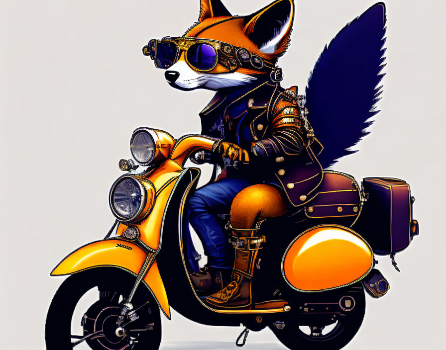 Anthropomorphic fox in bomber jacket on vintage yellow scooter with sidecar