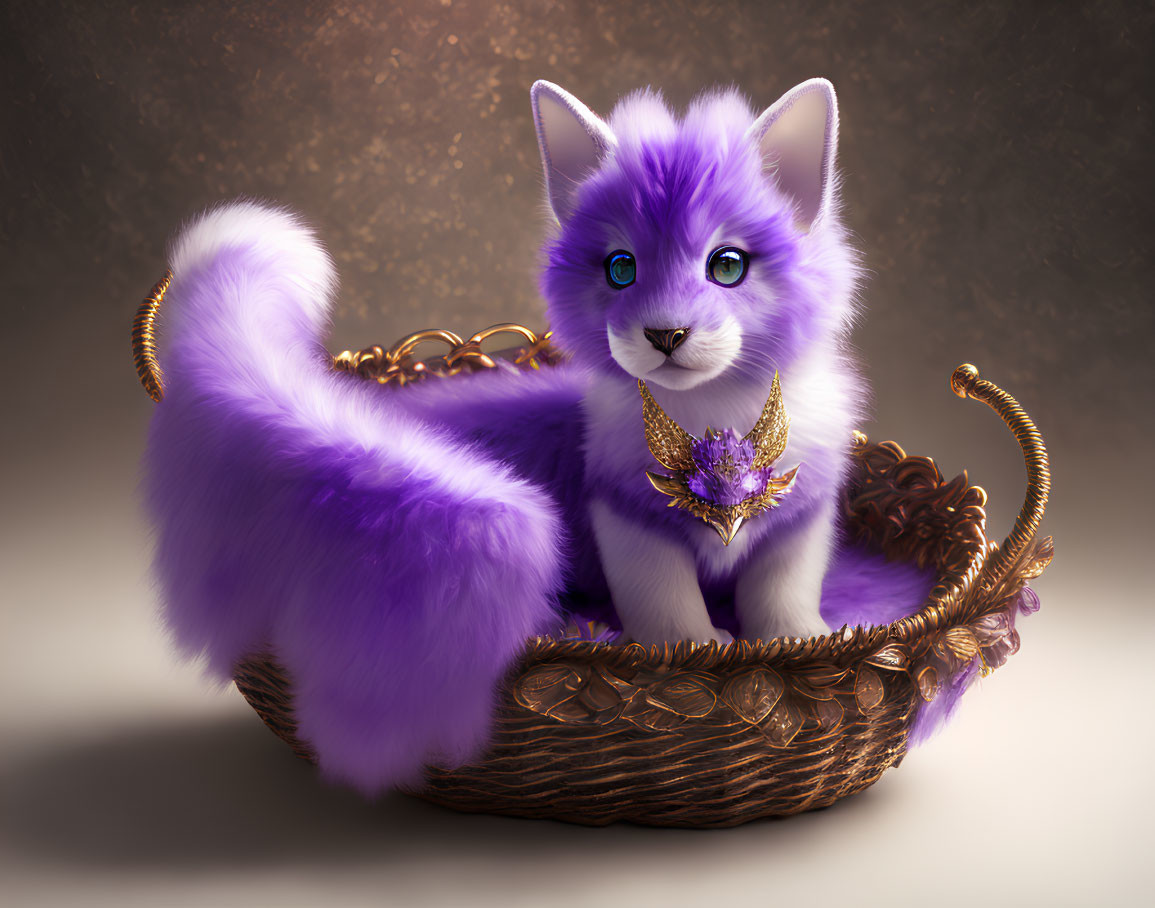 Fluffy Purple Kitten with Striking Eyes in Golden Basket