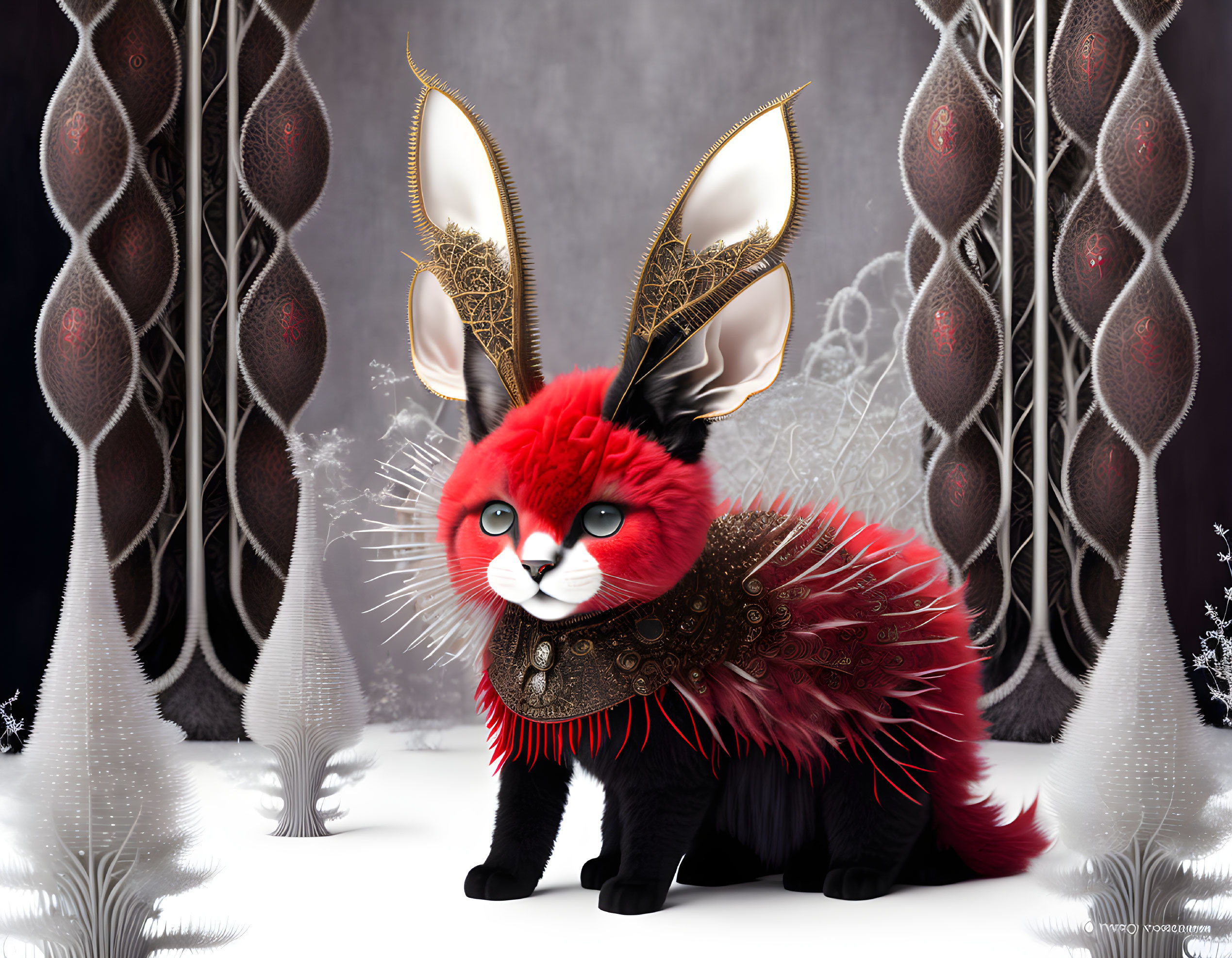 Fluffy red and black creature with gold ears in mystical forest