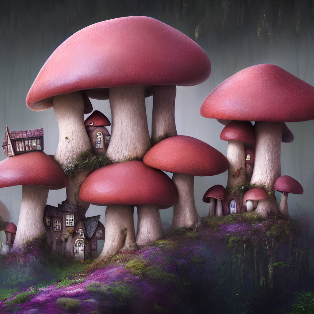 Fantasy illustration: Oversized mushrooms hold quaint cottages in misty forest