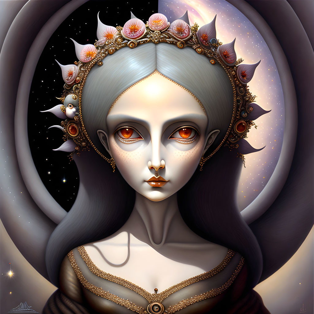 Portrait of a pale figure with cosmic headdress and red eyes