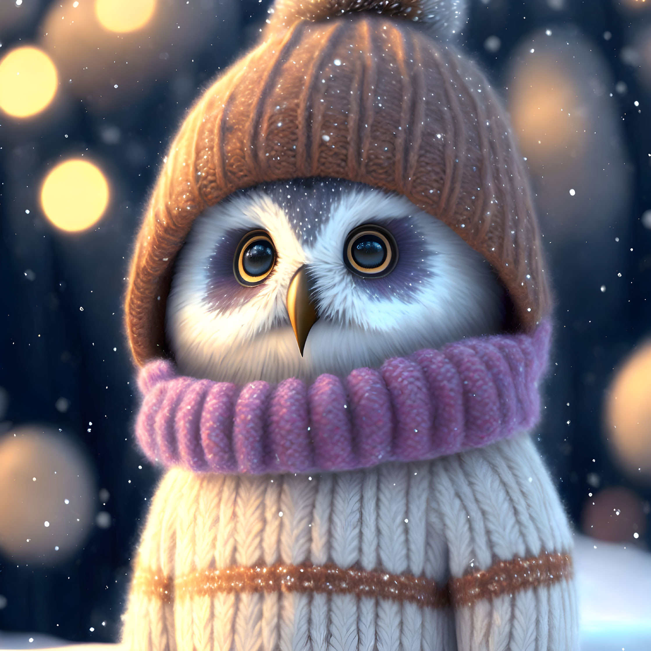 Animated owl in knitted sweater and hat on snowy background