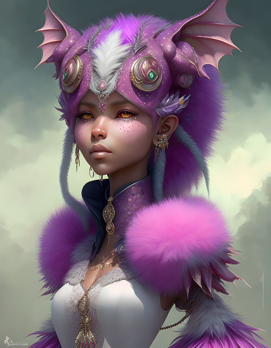 Fantasy portrait of female character with purple hair and ears, fur, and ornate jewelry on cloudy