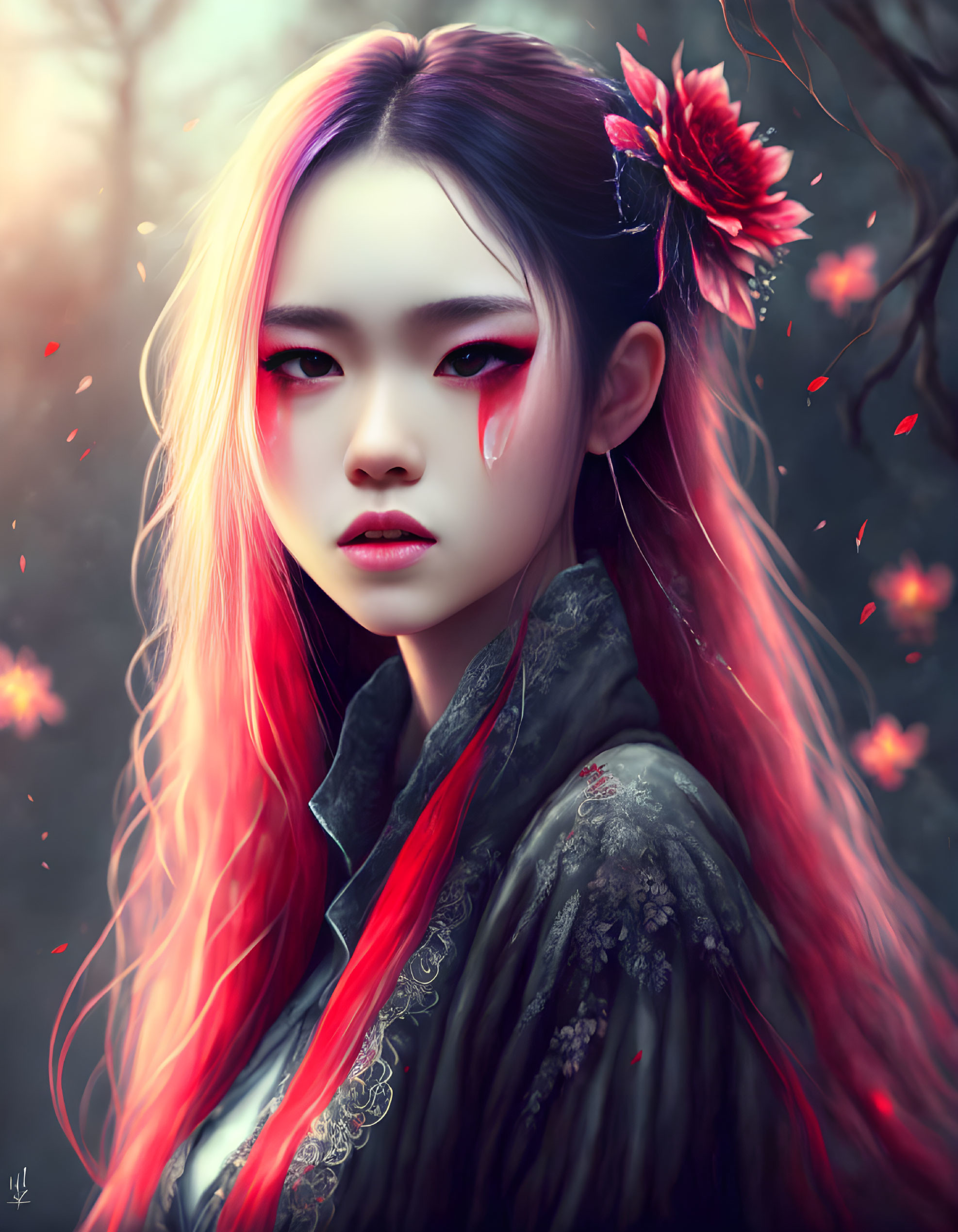 Digital artwork of woman with pink-streaked black hair and red eyes in misty forest setting