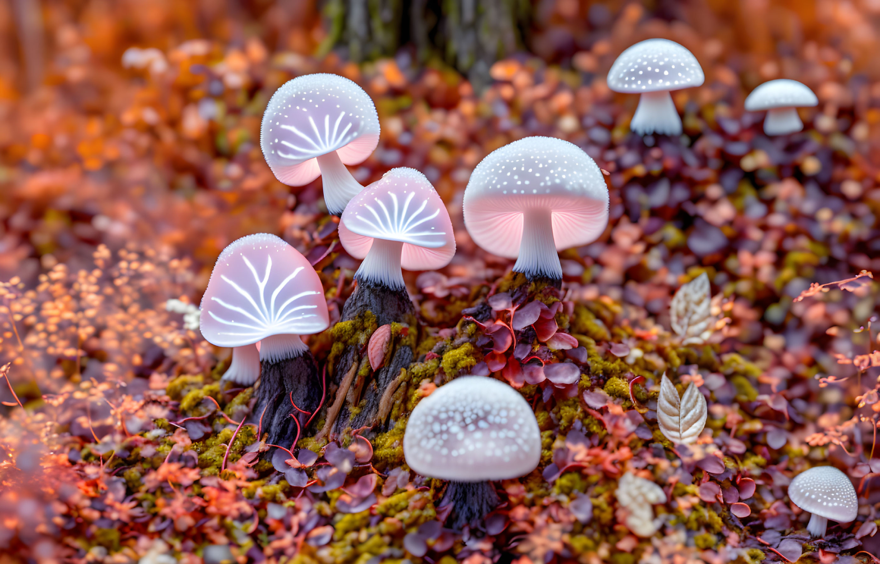 Luminescent white mushrooms among colorful autumn leaves