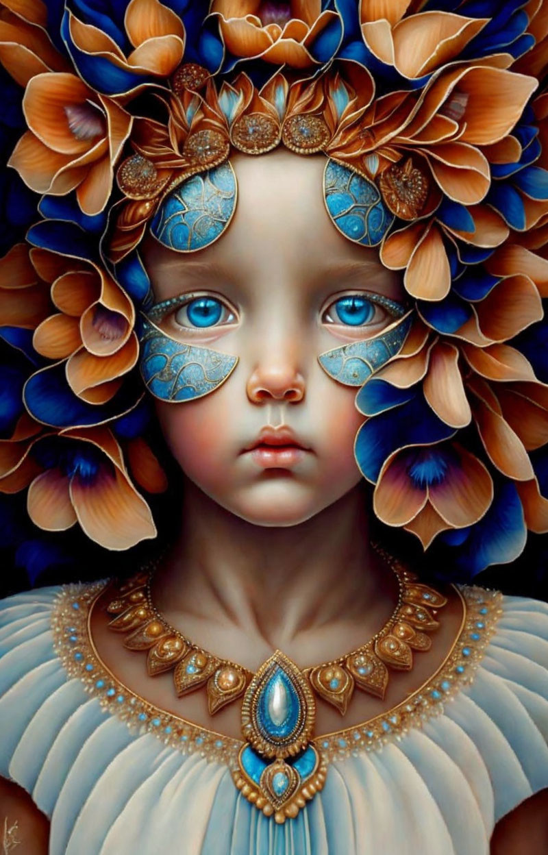 Child with Blue Eyes Wearing Floral Headdress and Face Paint