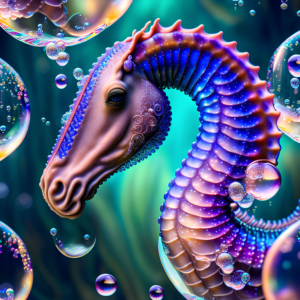 Colorful Seahorse Illustration with Bubbles and Patterns