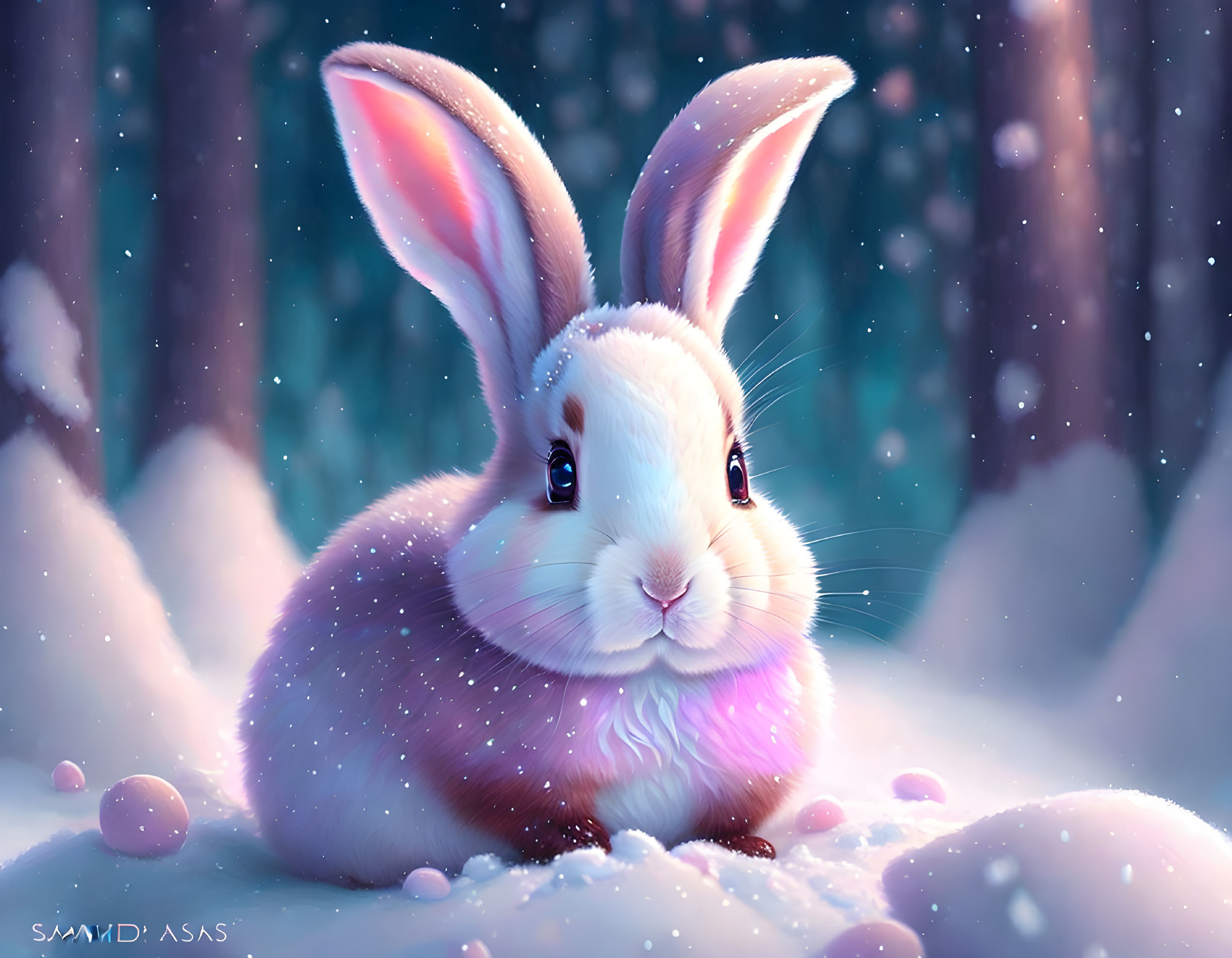 Digital art: White bunny with pink ears in snowy landscape