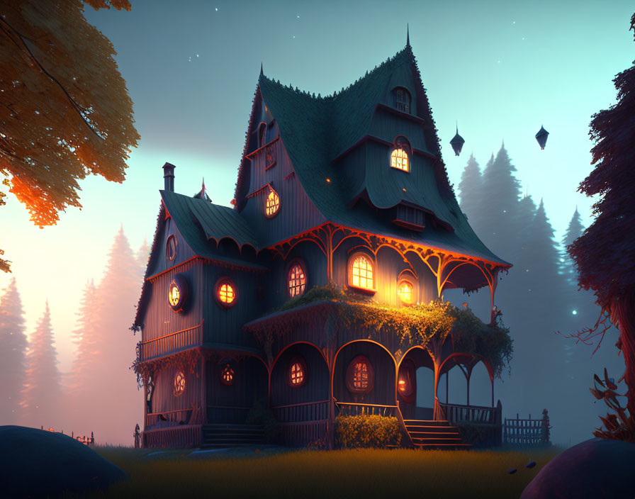 Victorian-style house digital illustration in forest clearing at twilight