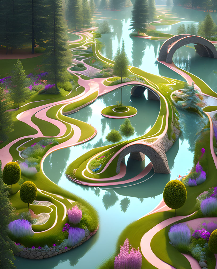 Fantastical landscape with pink paths, ornate bridges, lush greenery, and turquoise waters in