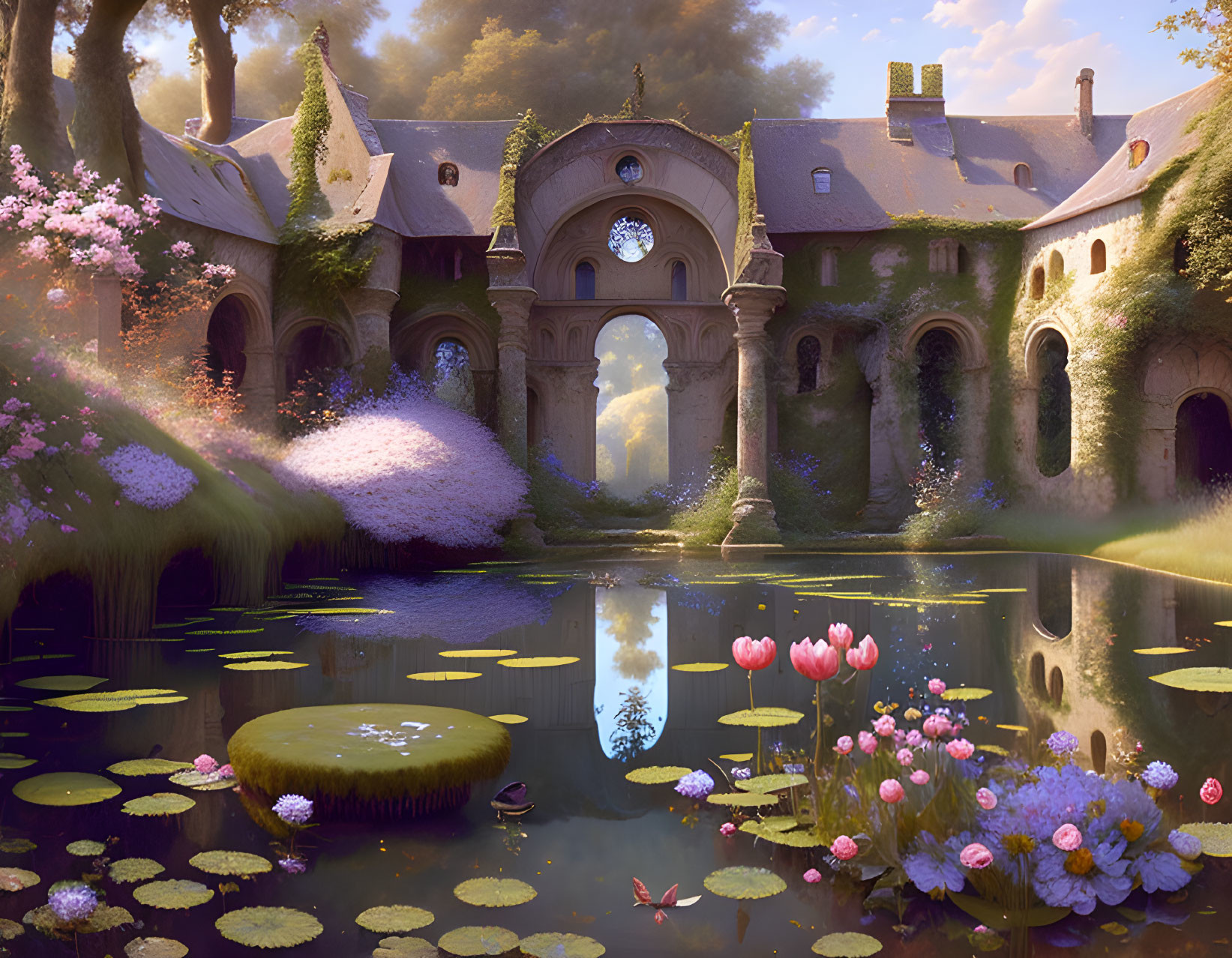 Tranquil pond and blooming flowers in overgrown courtyard