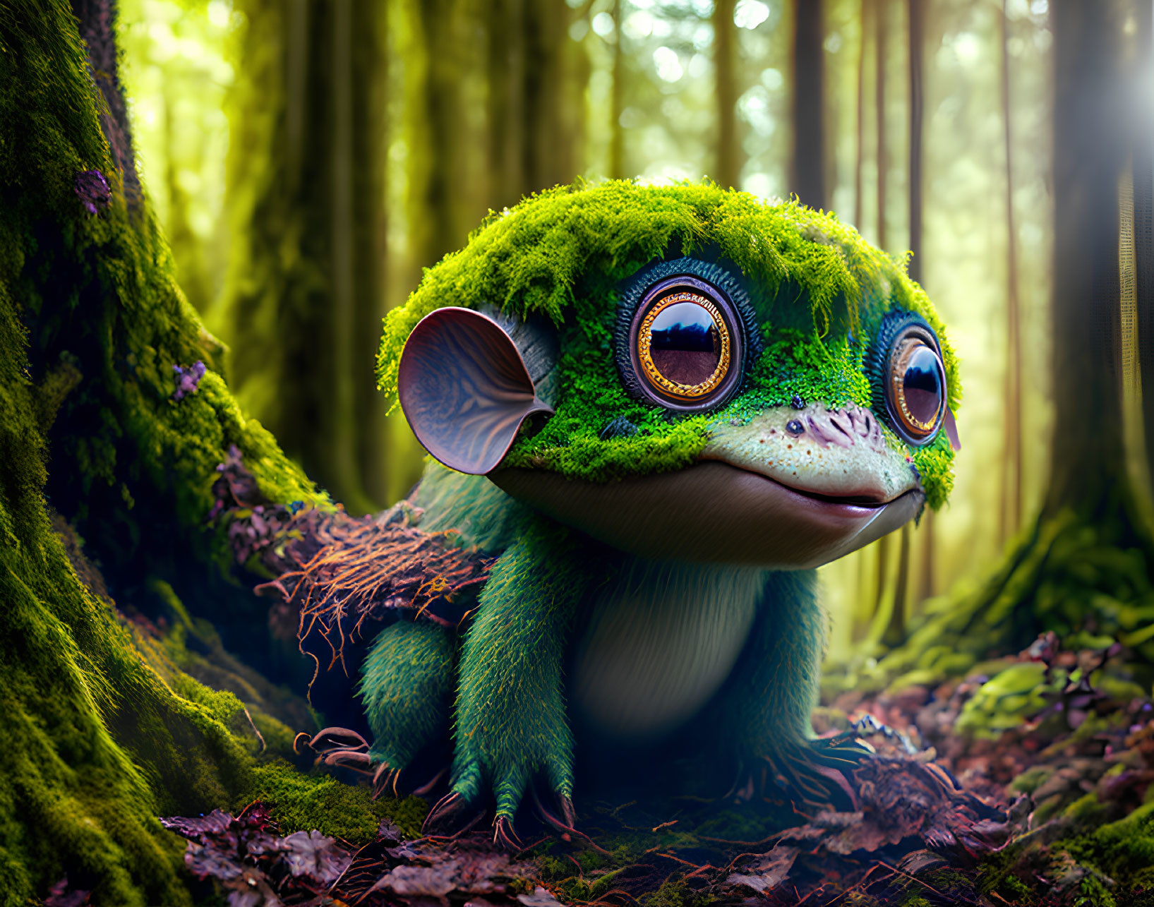 Green furry creature with big brown eyes in a mossy forest