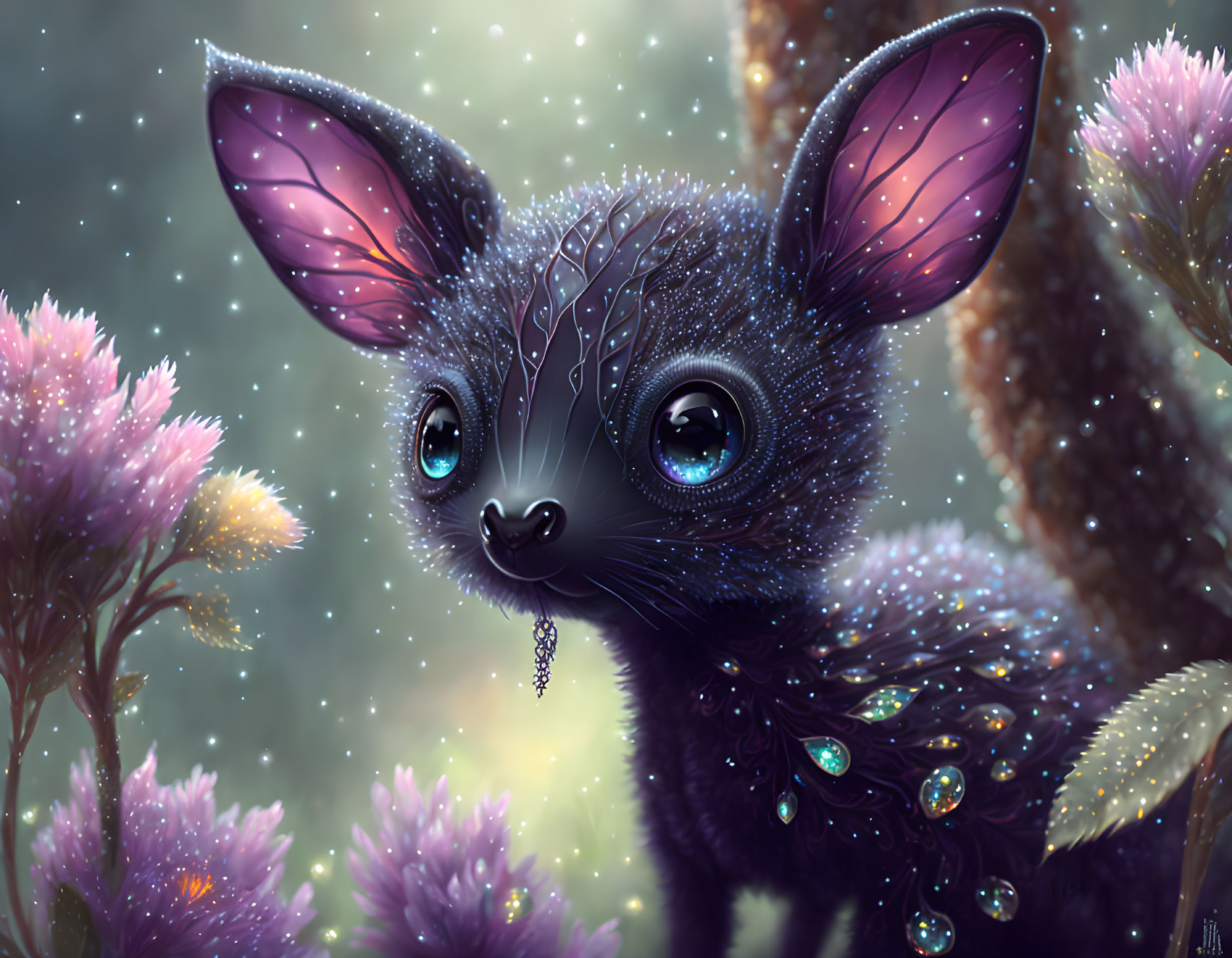 Illustration of whimsical creature with sparkling eyes and gemstone-adorned fur in magical flora.