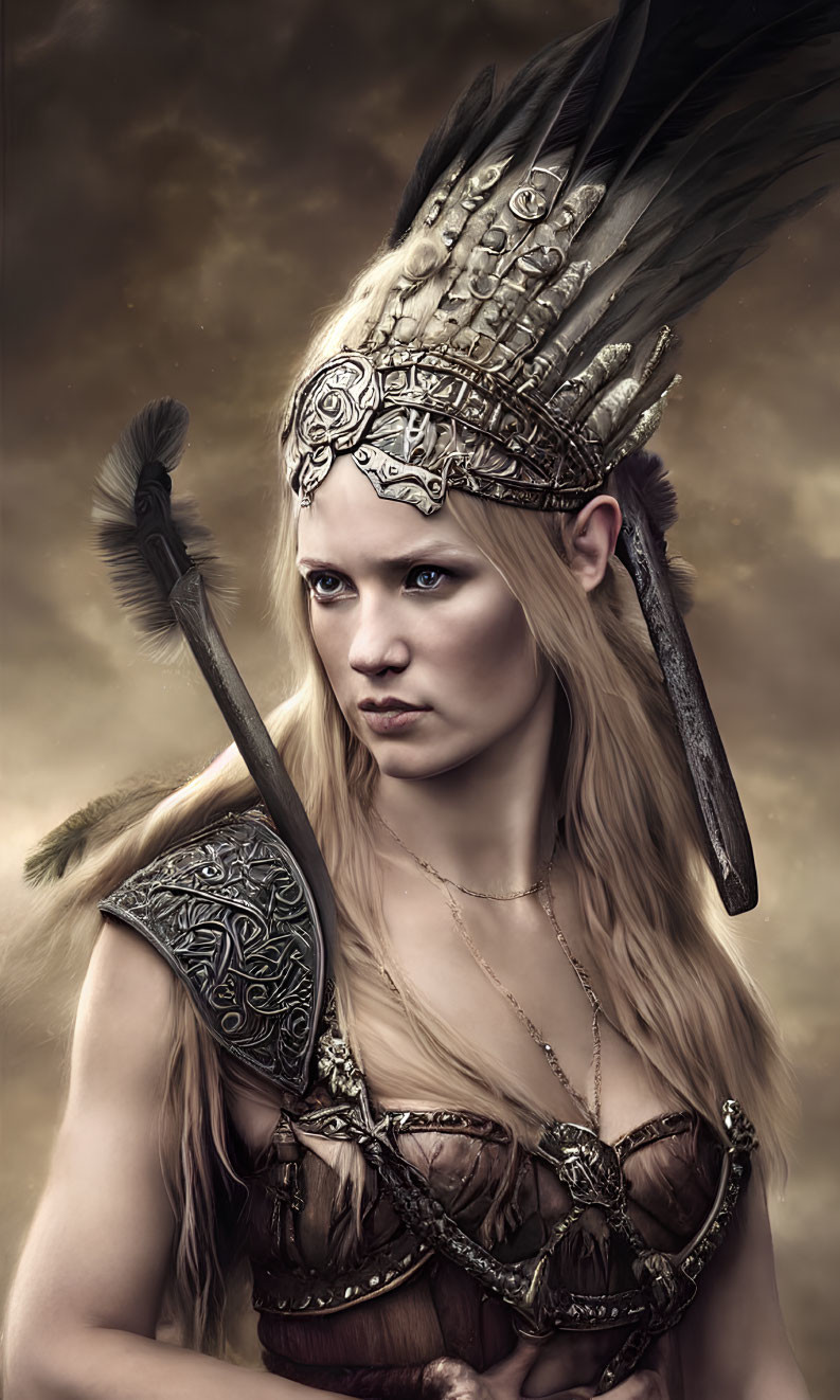 Warrior woman with blue eyes in feathered helmet and armor with spear in moody setting