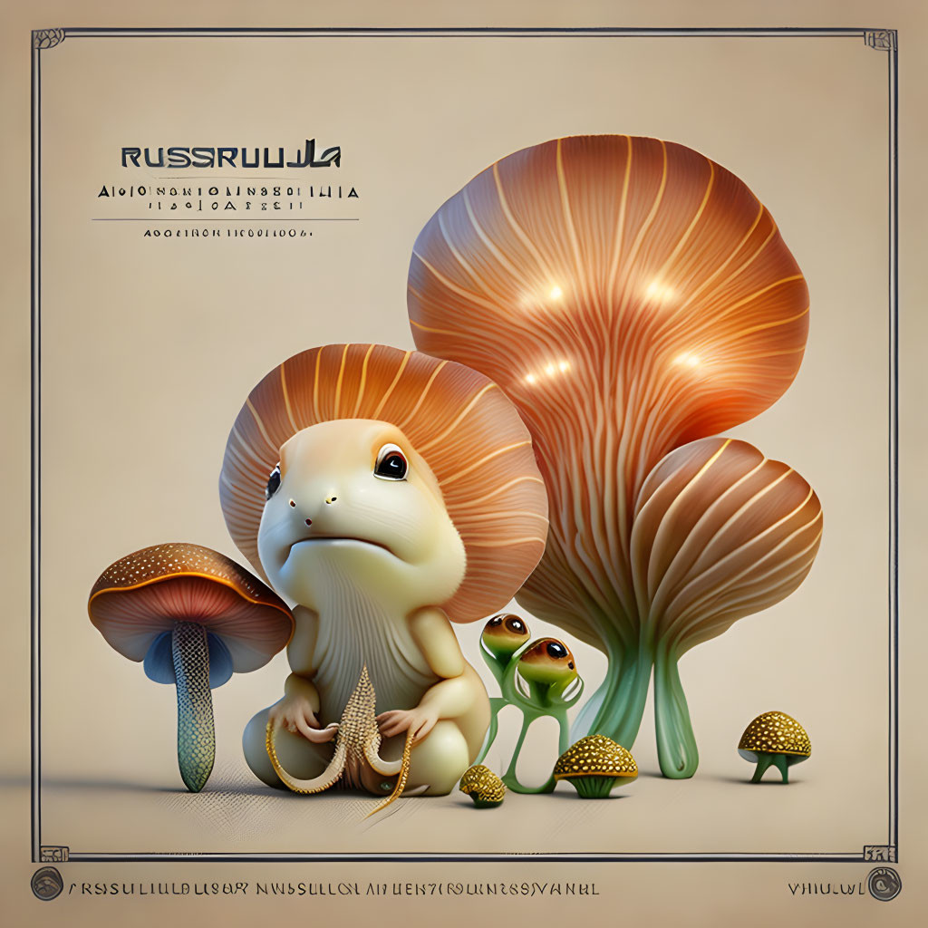 Whimsical illustration of stylized amphibians with mushroom textures under towering mushrooms