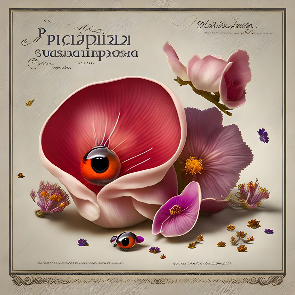 Surreal artwork featuring eye, flower, ladybug, and ornate script background