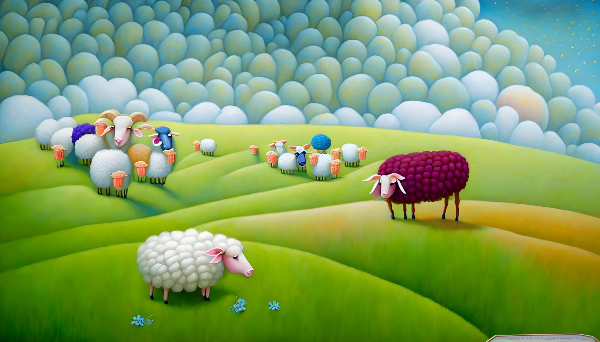 Whimsical sheep in unique patterns on green landscape with surreal trees